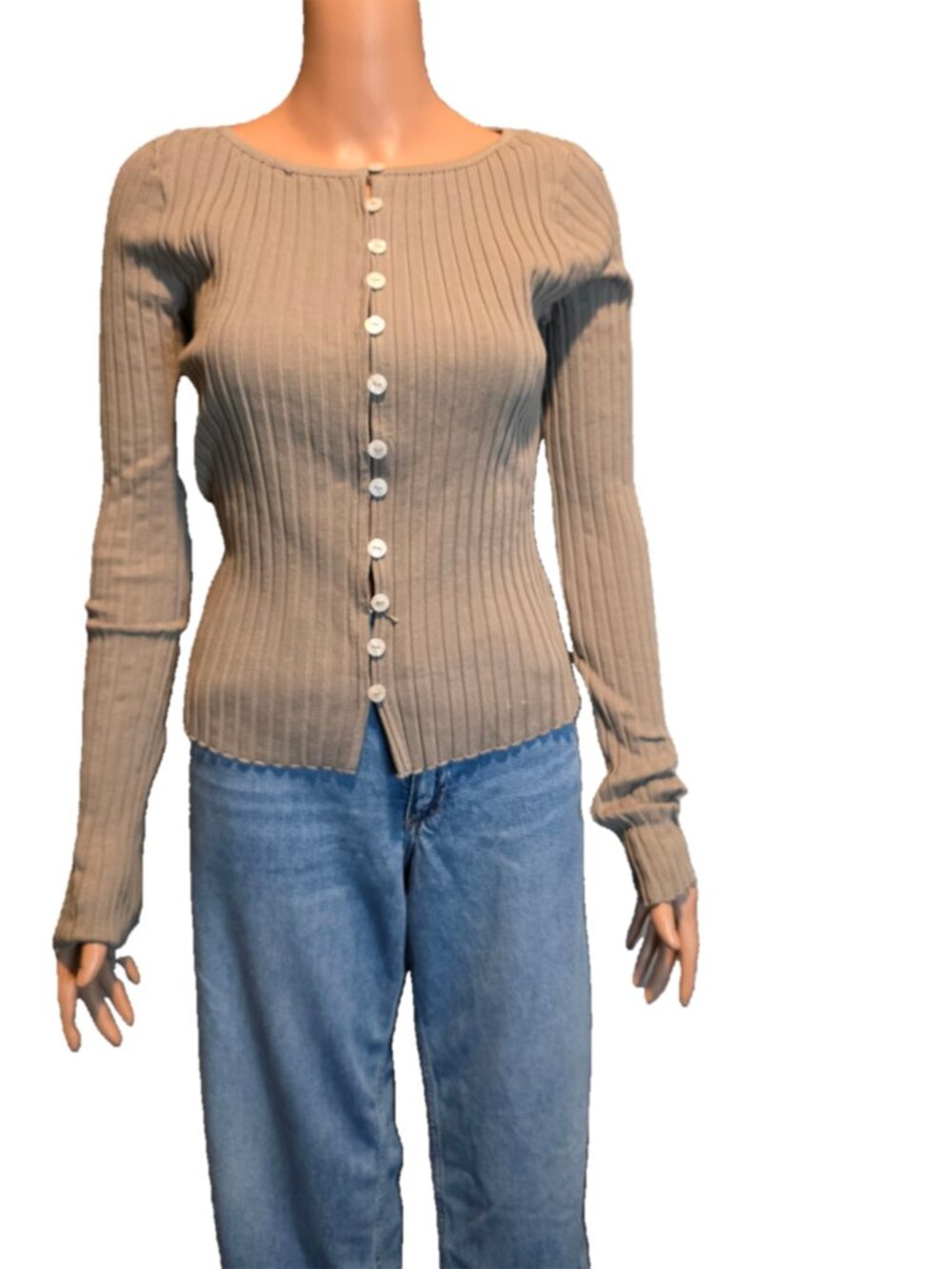 Free People Tilly Ribbed Button Up Top M Tan Long Sleeve Henley Boho Flaw - Picture 2 of 10